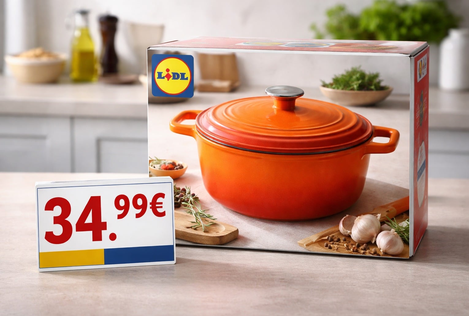 Cocotte en fonte émaillée orange mise en avant sur un plan de travail, avec le logo Lidl visible et un panneau prix à 34,99 €.
