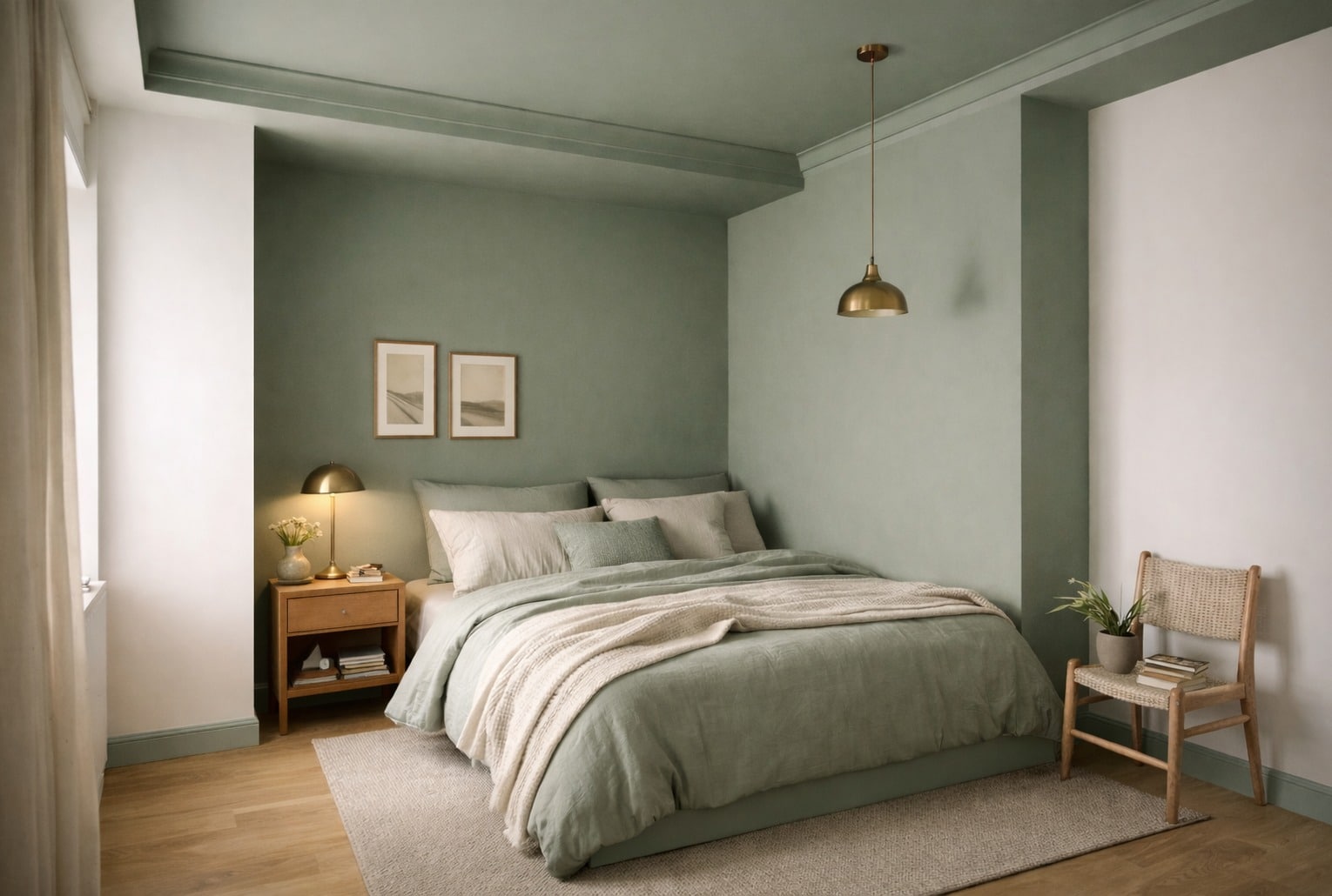 Color zoning 2026 dans une chambre : alcôve vert sauge avec plafond et plinthes assortis, lit en lin, bois clair et éclairage laiton.