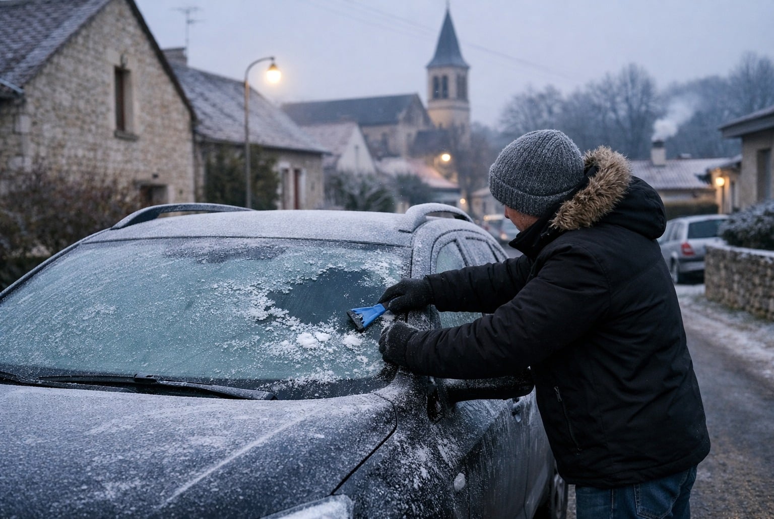 Personne grattant un pare-brise givré au petit matin, voiture stationnée dehors lors d’un grand froid.