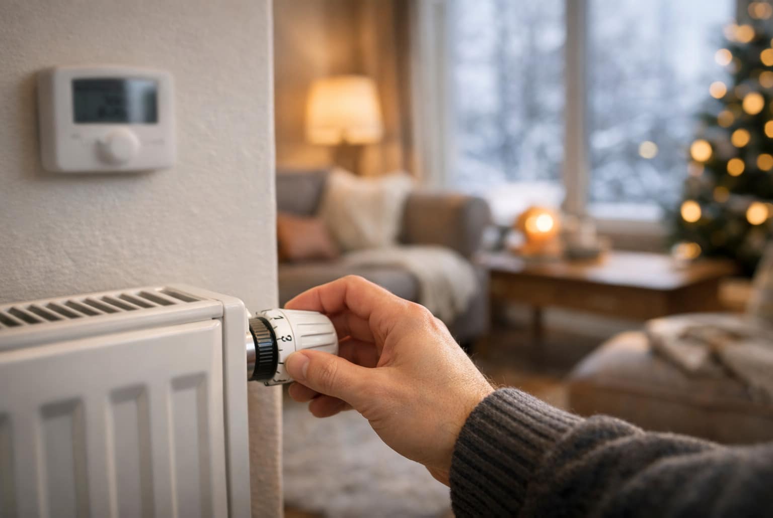 Main réglant une vanne de radiateur dans un salon lumineux, en hiver, pour un chauffage mieux piloté.
