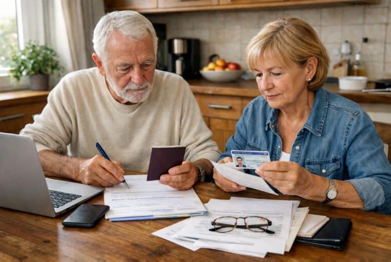 Couple de retraités à domicile vérifiant des documents de pension et une pièce d’identité sur une table.