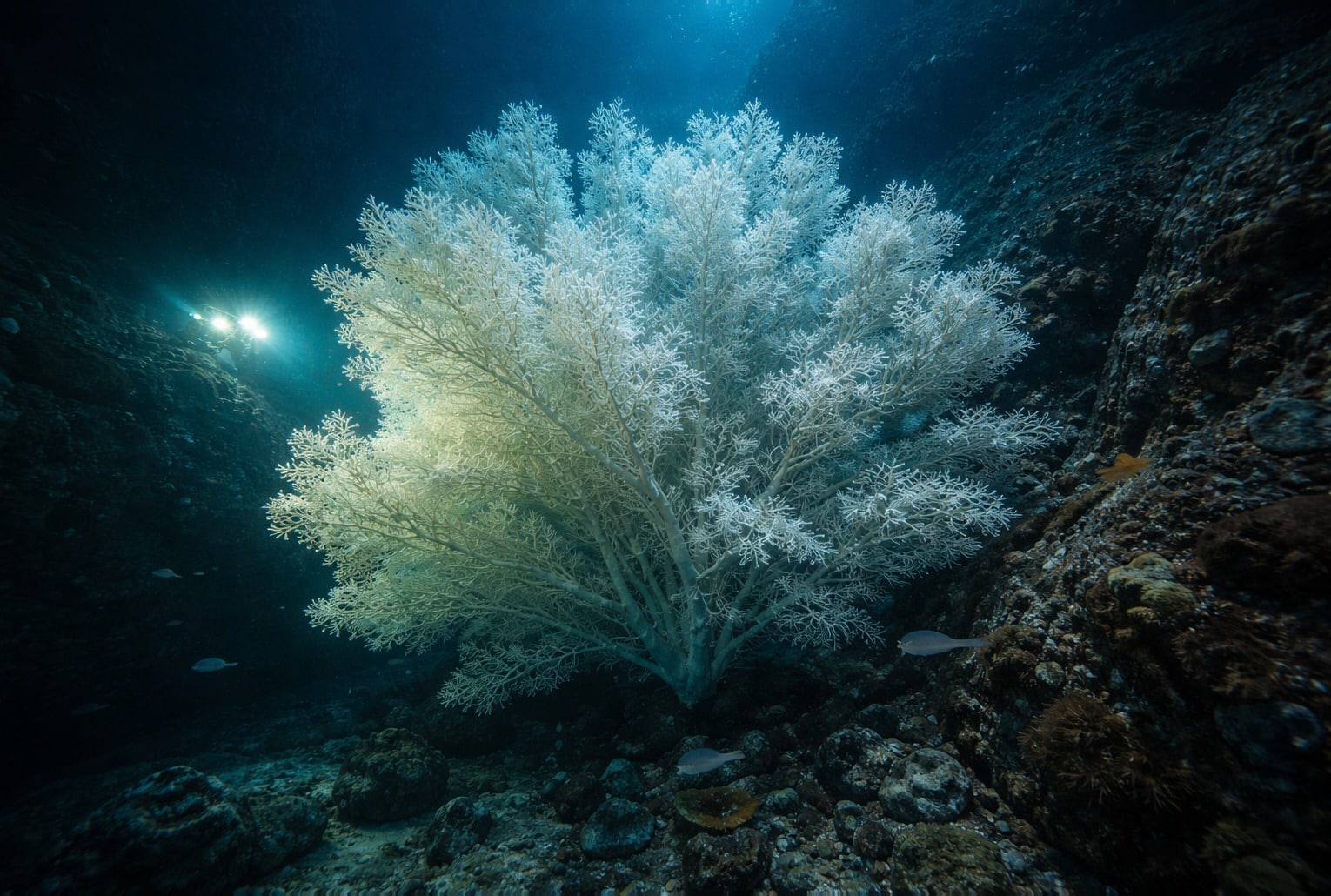 Corail noir géant apparaissant blanc, en forme d’arbre, éclairé par les projecteurs d’un engin d’exploration dans un fjord du Fiordland (Nouvelle-Zélande).