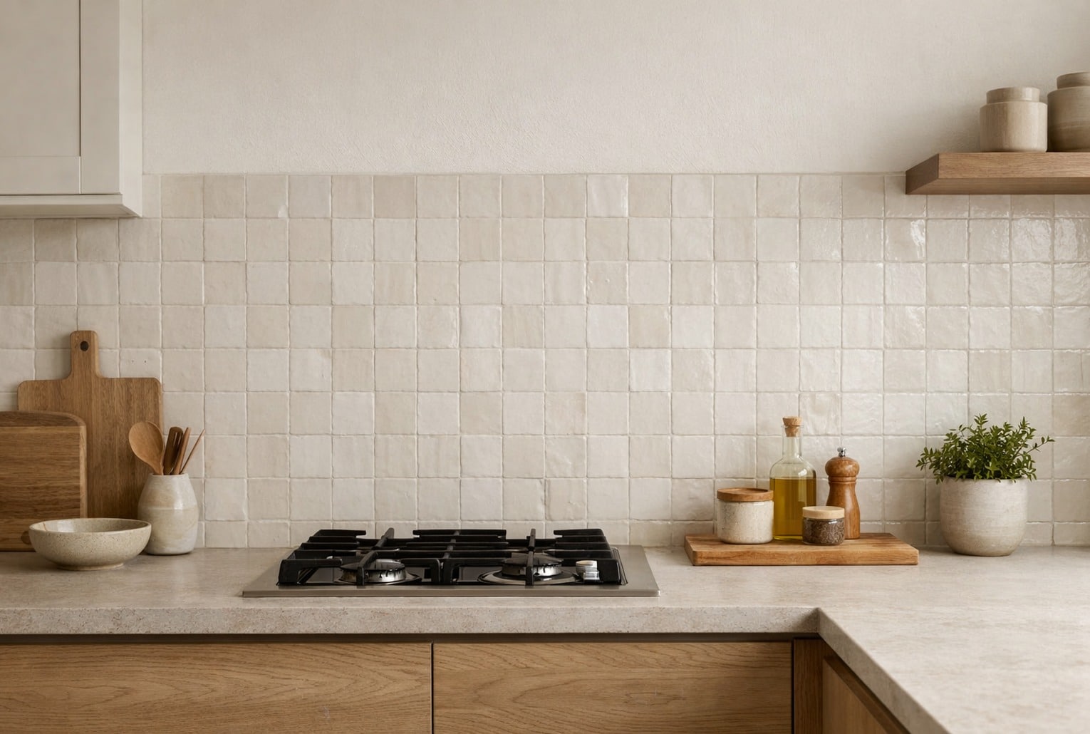 Crédence de cuisine en zellige blanc cassé, joints ton sur ton, au-dessus d’un plan de travail beige et d’une plaque de cuisson.