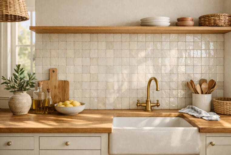 Cuisine lumineuse style méditerranéen avec crédence en zellige blanc cassé aux reflets irréguliers, joints ton sur ton et plan de travail en bois clair, éclairée par la lumière naturelle du matin.