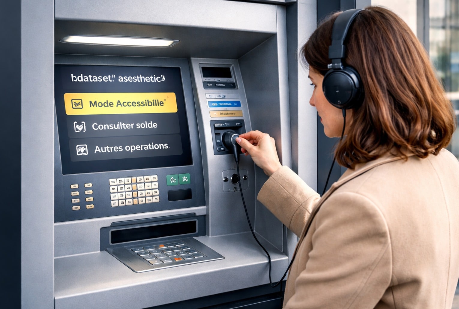 Une cliente utilise un distributeur automatique moderne avec « mode accessibilité » et un casque branché pour les instructions vocales.