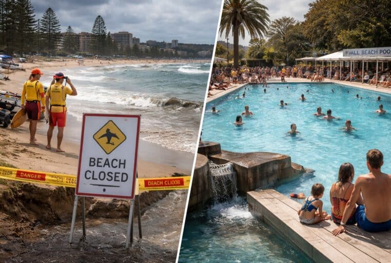 Plage de Sydney fermée avec sauveteurs et panneau d’alerte, en contraste avec une piscine municipale bondée.