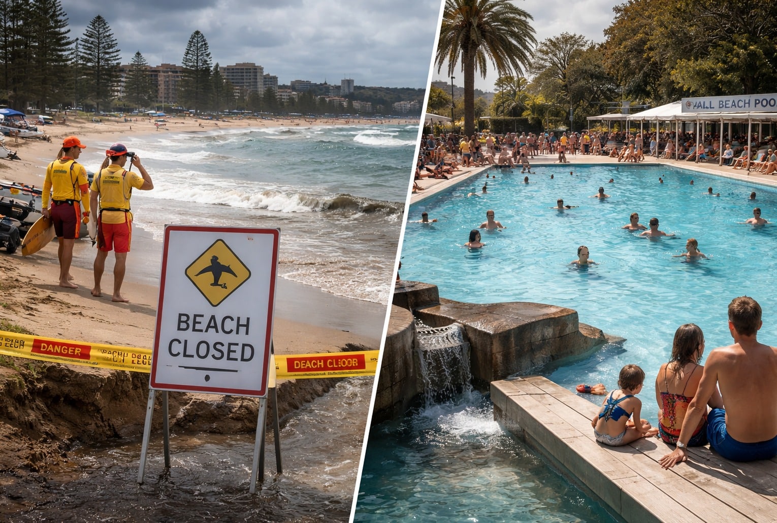 Plage de Sydney fermée avec sauveteurs et panneau d’alerte, en contraste avec une piscine municipale bondée.