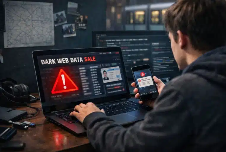 Jeune utilisateur sur ordinateur portable, alerte “vente de données sur le dark web” à l’écran, avec un smartphone affichant un message suspect.