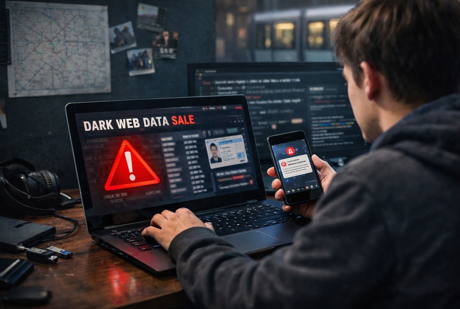 Jeune utilisateur sur ordinateur portable, alerte “vente de données sur le dark web” à l’écran, avec un smartphone affichant un message suspect.