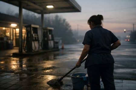 À l’aube, une agente d’entretien nettoie une station-service, symbole d’un métier pénible où l’usure physique peut mener à l’inaptitude.