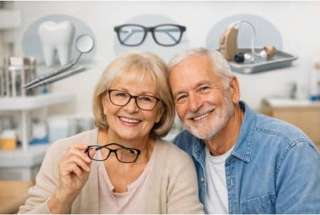 Couple de seniors souriant dans un environnement de soins, la femme tenant une paire de lunettes, avec des références à l’optique, au dentaire et à l’audition en arrière-plan.
