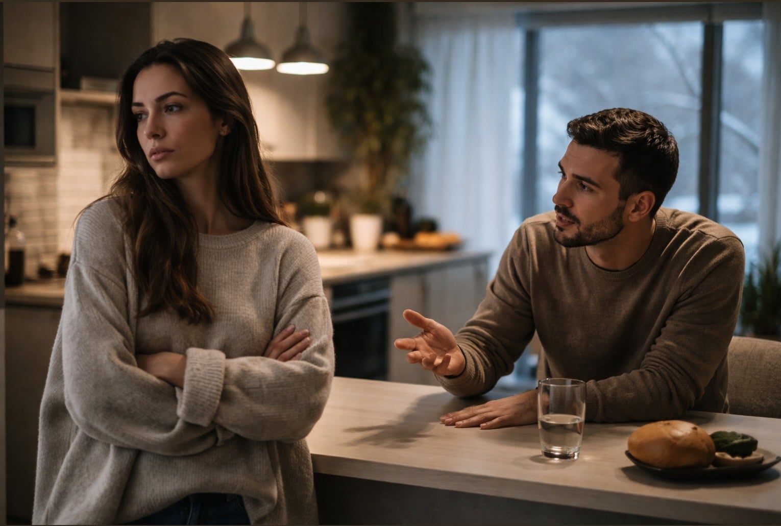Couple en tension dans une cuisine, la femme détourne le regard tandis que l’homme tente d’expliquer, ambiance hivernale.