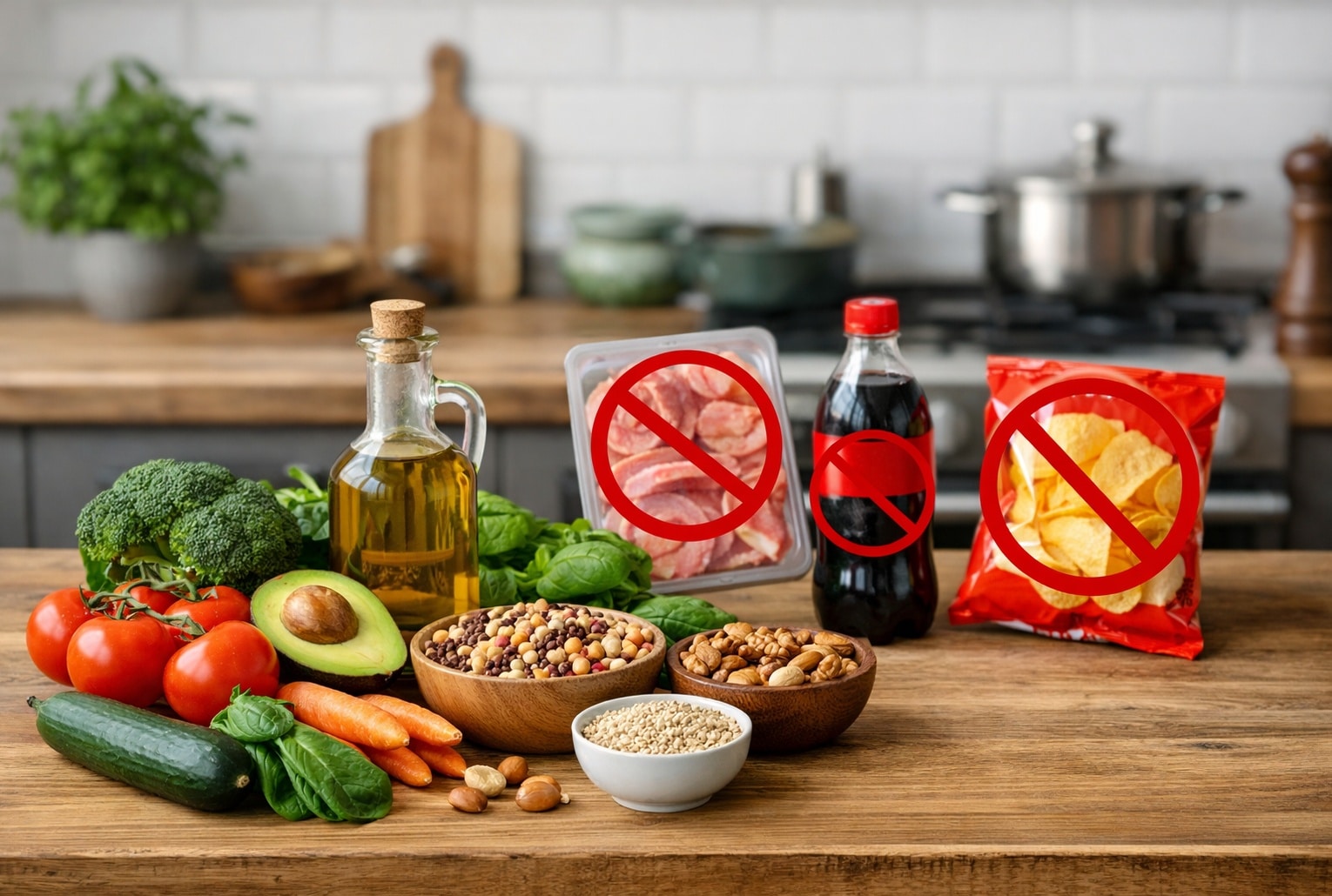 Sur un plan de travail de cuisine, des légumes frais, des légumineuses, des noix et une bouteille d’huile d’olive au premier plan, avec en arrière-plan de la charcuterie, un soda et des chips barrés d’un symbole d’interdiction.