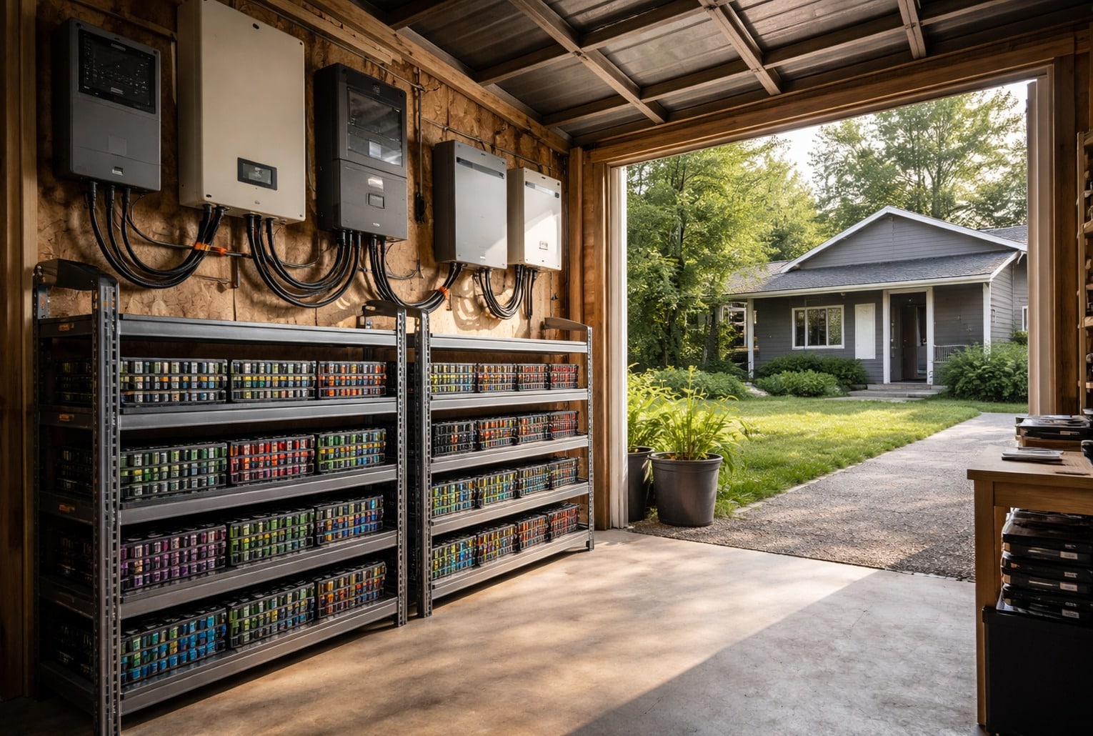 Batteries d’ordinateurs portables recyclées rangées en racks dans un hangar, avec onduleurs et contrôleurs solaires, une maison au fond