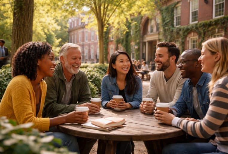 Groupe de personnes discutant et riant autour d’une table en bois dans une cour universitaire, avec bâtiments en briques recouverts de lierre.
