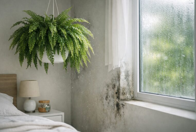 Une fougère de Boston suspendue près d’une fenêtre embuée, dans une pièce où l’humidité favorise les moisissures.