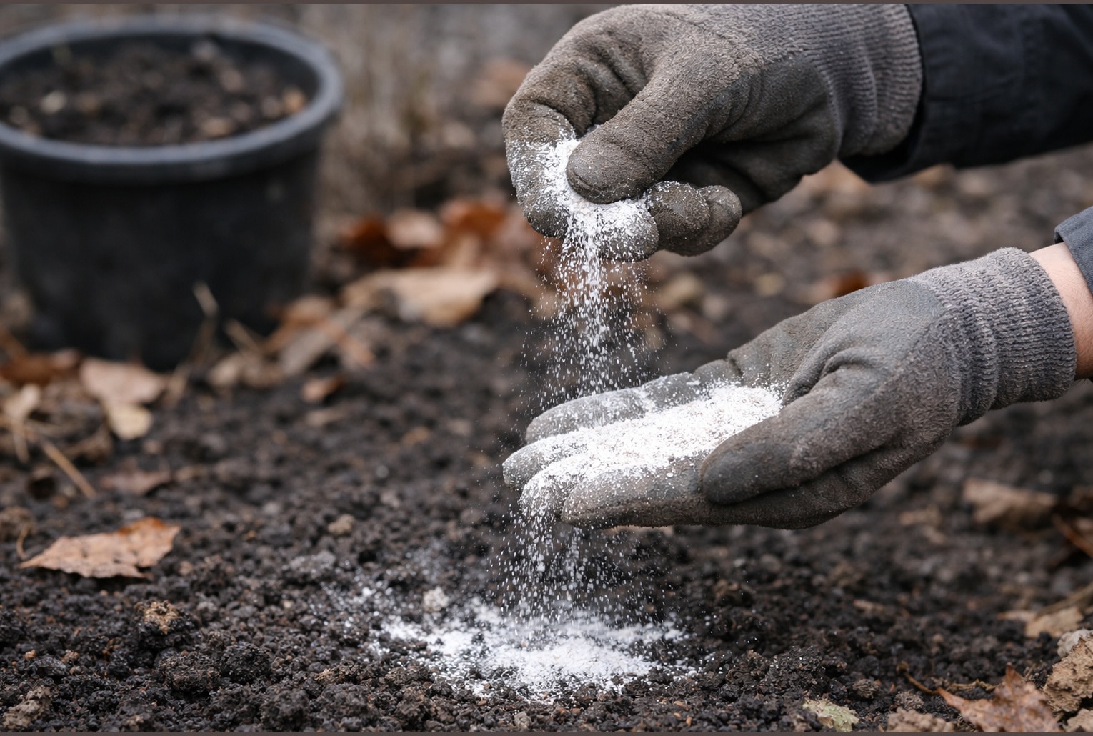 Des mains de jardinier saupoudrent de la poudre de coquilles d’œufs sur la terre d’un potager en hiver.