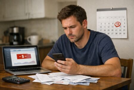 Un homme consulte son compte bancaire sur smartphone, inquiet, avec des factures sur la table et un calendrier affichant le 18 entouré.