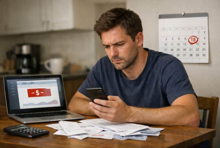 Un homme consulte son compte bancaire sur smartphone, inquiet, avec des factures sur la table et un calendrier affichant le 18 entouré.
