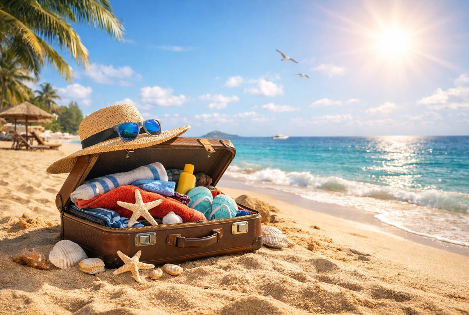 Fuir le froid : une valise prête sur le sable, symbole d’une escapade au soleil même réservée à la dernière minute.