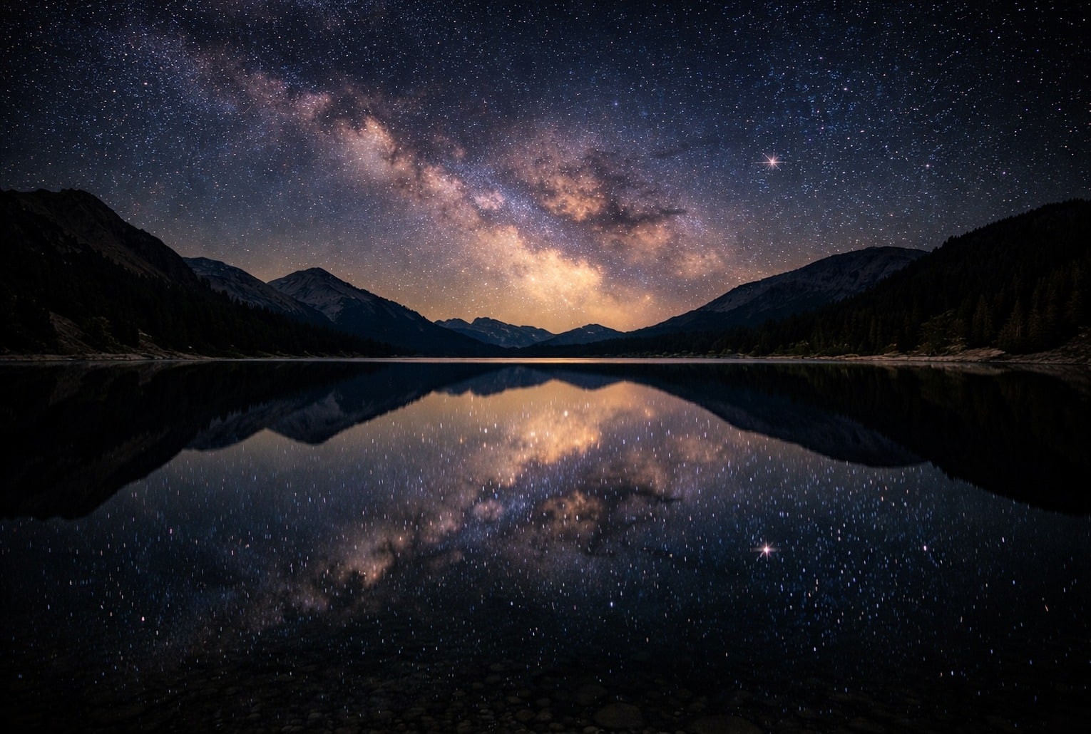 Ciel étoilé avec la Voie lactée se reflétant dans un lac de montagne, entouré de sommets sombres.