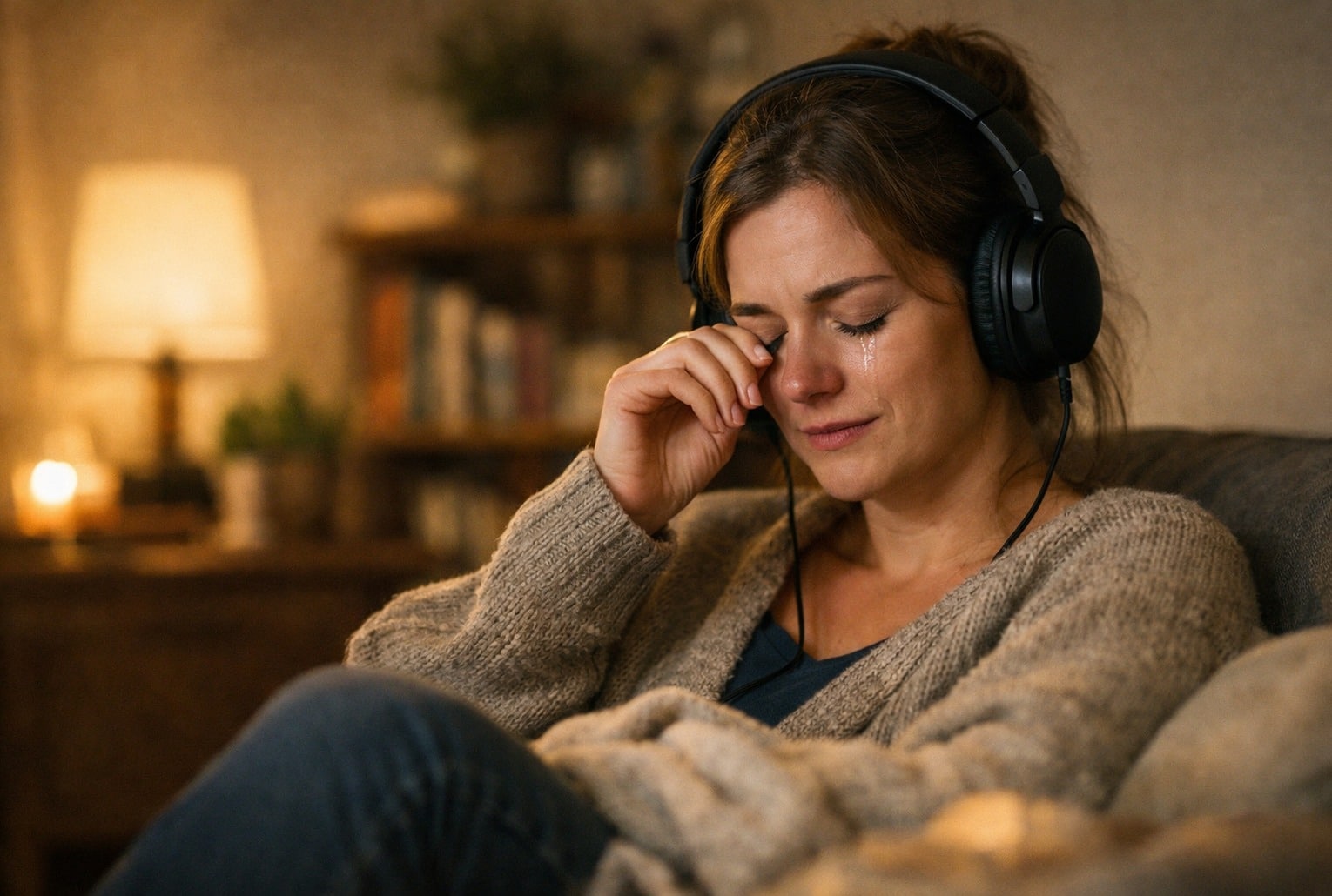 Femme seule sur un canapé, casque audio sur les oreilles, essuyant une larme dans une pièce à la lumière chaleureuse.