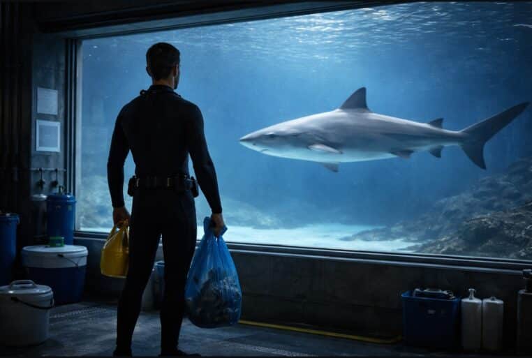 Soigneur d’aquarium face à un requin gris dans un grand bassin, en coulisses
