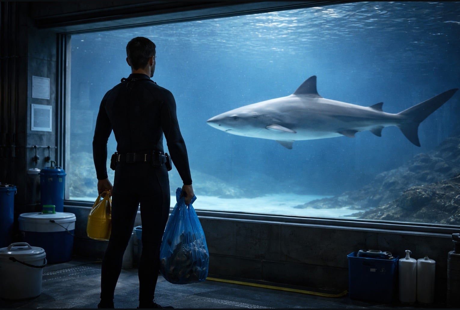 Soigneur d’aquarium face à un requin gris dans un grand bassin, en coulisses