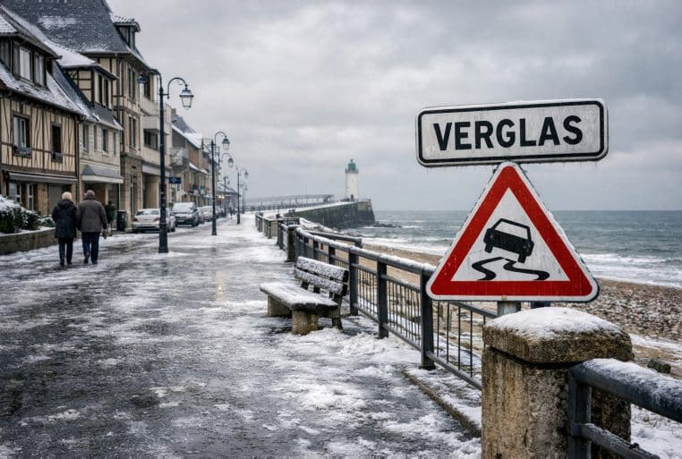 Promenade littorale en Normandie recouverte de neige et de plaques de verglas, avec un panneau « VERGLAS » au premier plan et un phare au loin.