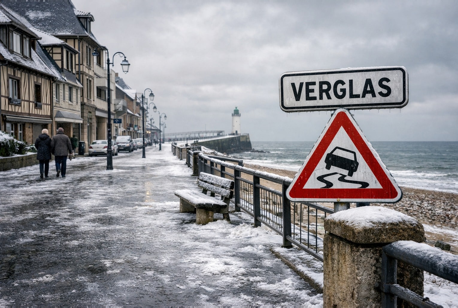 Promenade littorale en Normandie recouverte de neige et de plaques de verglas, avec un panneau « VERGLAS » au premier plan et un phare au loin.