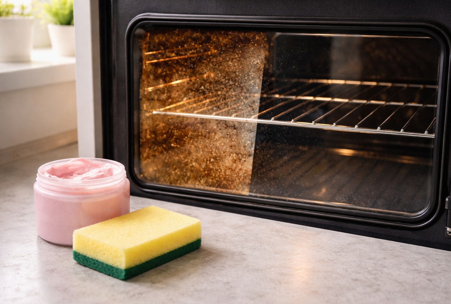 Vitre de four à moitié encrassée et à moitié propre, avec une éponge et un pot de pâte nettoyante rose sur le plan de travail.