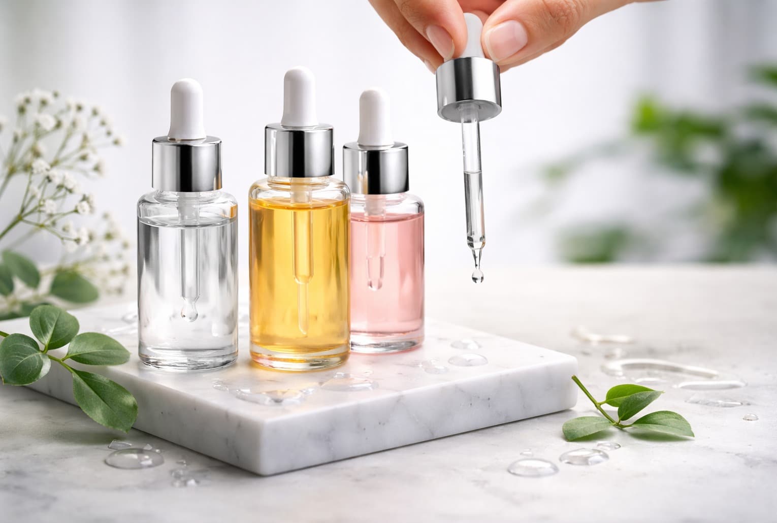 rois flacons de sérum (transparent, doré et rose) sur un plateau en marbre, avec une pipette laissant tomber une goutte, et des feuilles vertes en décor.
