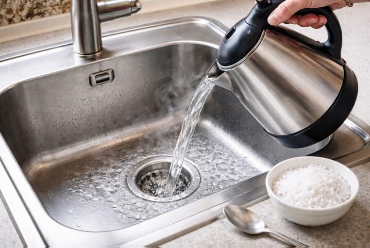 Main versant de l’eau très chaude dans un évier en inox, bol de sel à côté, bonde bien visible.