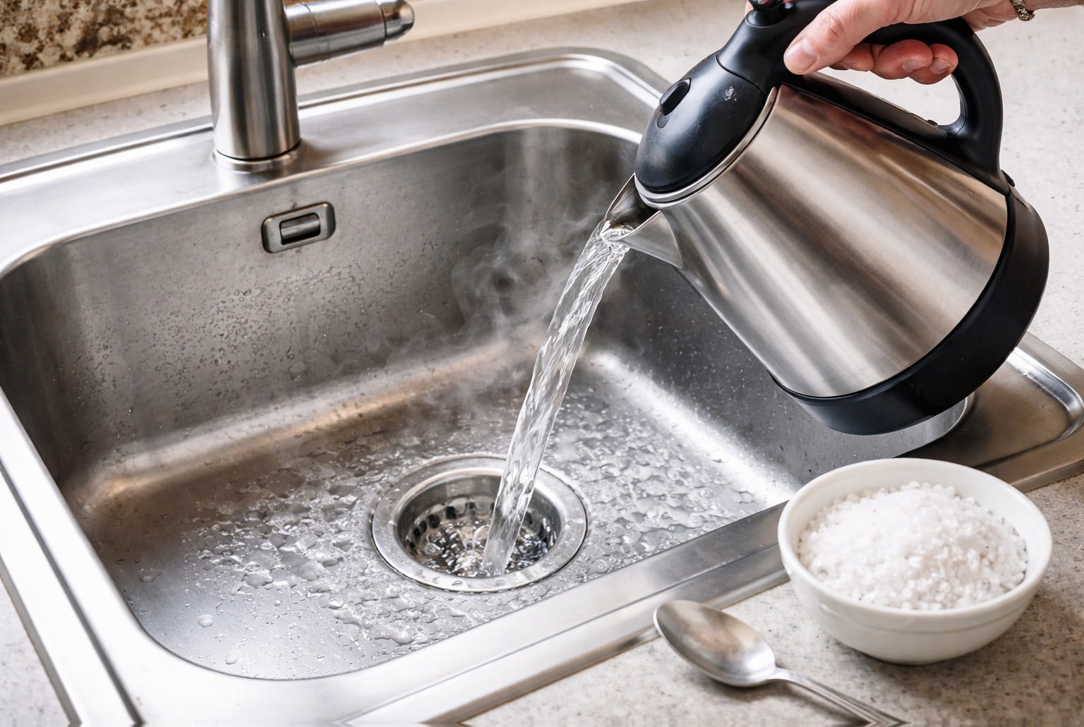 Main versant de l’eau très chaude dans un évier en inox, bol de sel à côté, bonde bien visible.