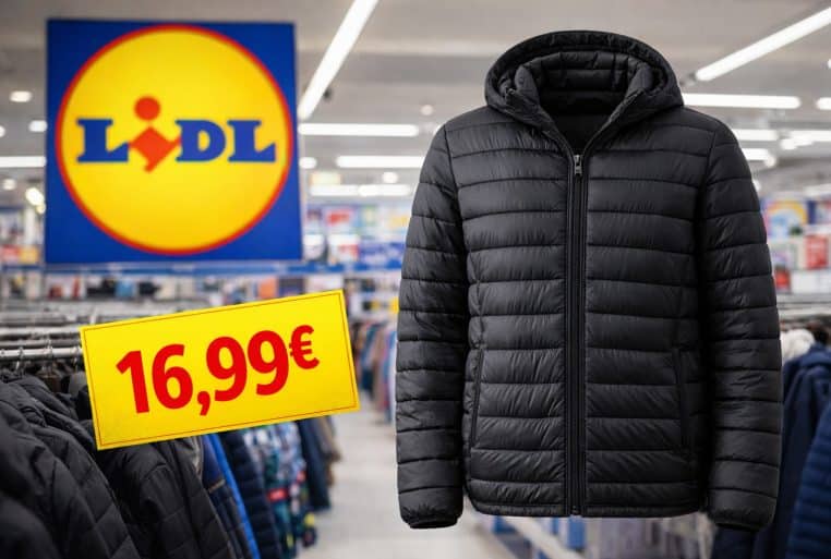 Doudoune matelassée noire mise en avant dans un rayon de vêtements, avec le logo Lidl en arrière-plan et une étiquette prix « 16,99 € ».