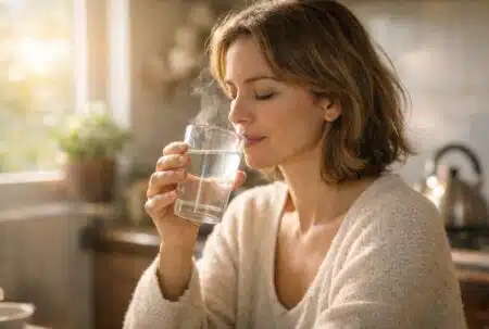 Au réveil, un verre d’eau tiède peut aider à se réhydrater en douceur, sans promesses miracles.