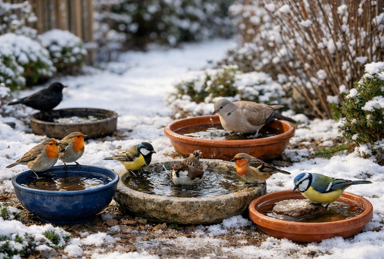 Eau pour oiseaux en hiver : plusieurs points d’eau (bol, vasque, soucoupe) attirent rouge-gorges, mésanges et autres passereaux dans un jardin enneigé.