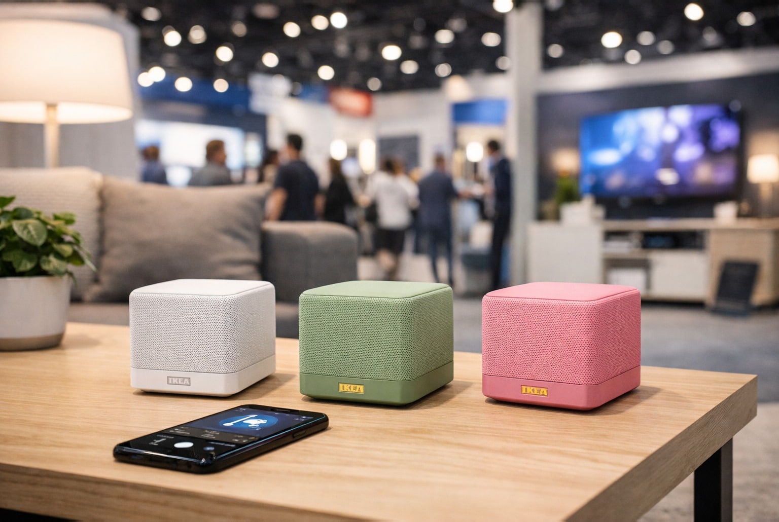 Trois mini enceintes IKEA Kallsup sur table dans un salon de démonstration, ambiance salon tech type CES.