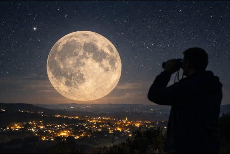 Grande pleine Lune très lumineuse au-dessus d’un paysage nocturne, observée aux jumelles.