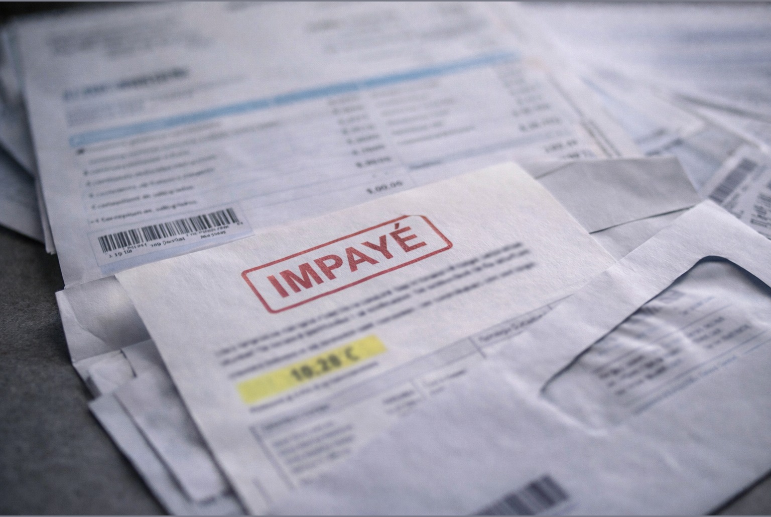 Factures et courriers empilés sur une table, avec une mention d’impayé, photo réaliste et neutre, sans marque.