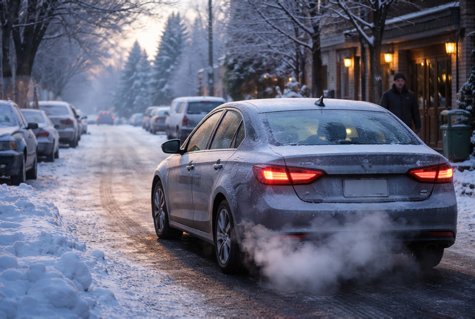 Voiture moderne au ralenti par matin d’hiver, rue enneigée en ville, vapeur visible sortant de l’échappement.