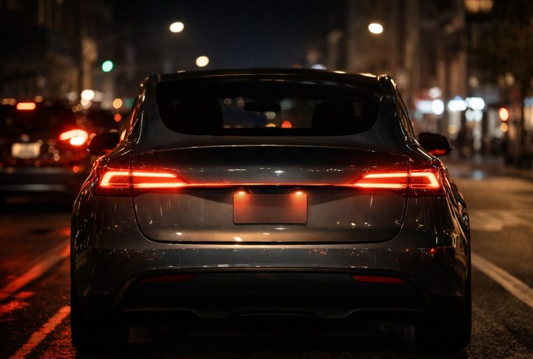 Vue arrière de nuit d’un SUV électrique moderne, dont la signature lumineuse semble « trop discrète » et peut faire croire à un éclairage défectueux.