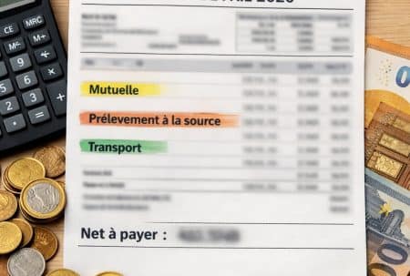 Bulletin de paie 2026 avec les lignes « Mutuelle », « Prélèvement à la source » et « Transport » surlignées, une calculatrice et des euros autour.