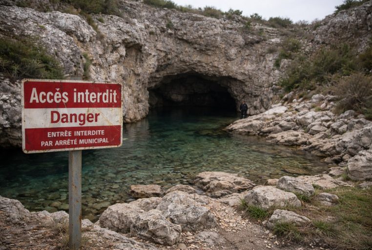 Entrée de la grotte immergée de la Font d’Estramar, avec un panneau « Accès interdit – Danger » au premier plan, sous un ciel couvert.