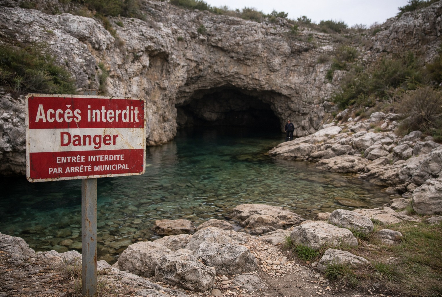 Entrée de la grotte immergée de la Font d’Estramar, avec un panneau « Accès interdit – Danger » au premier plan, sous un ciel couvert.