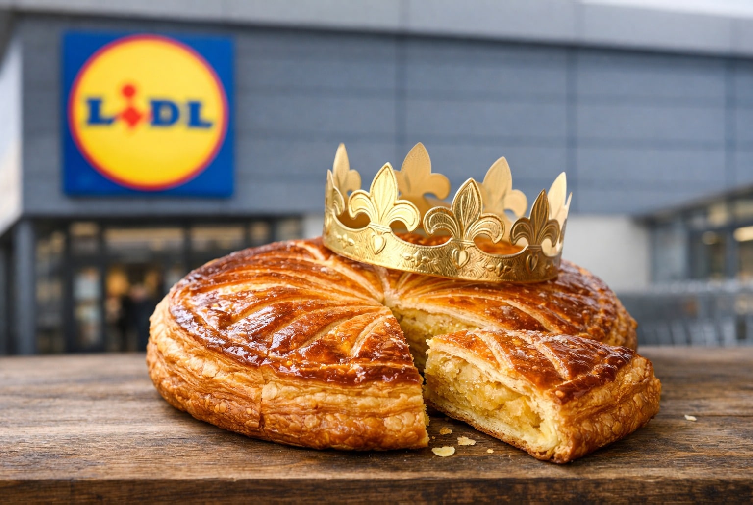Galette des rois dorée avec couronne posée dessus, devant un magasin Lidl au logo visible, en arrière-plan.