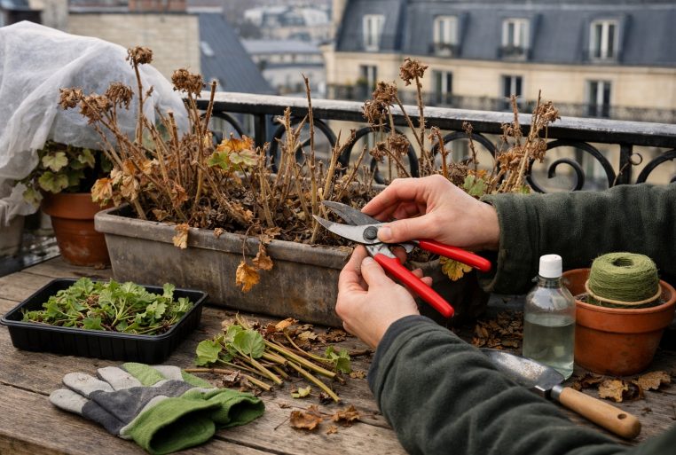 Main taillant des géraniums (pélargoniums) en hiver sur un balcon, tiges sèches et boutures posées sur une table.