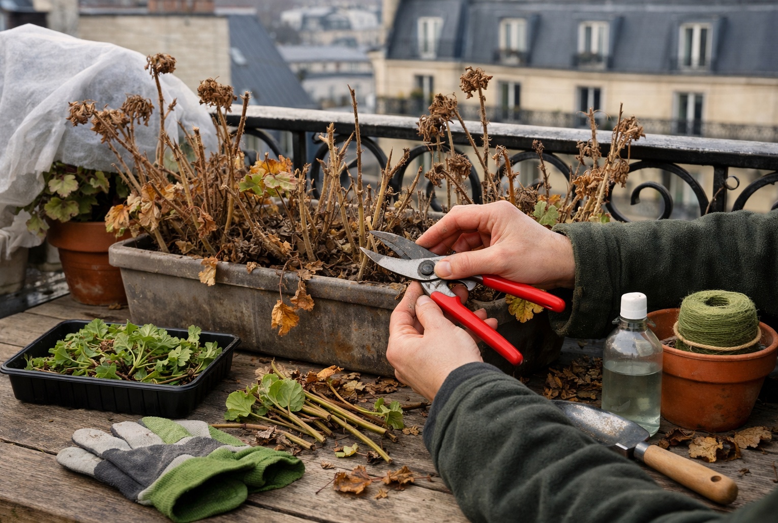 Main taillant des géraniums (pélargoniums) en hiver sur un balcon, tiges sèches et boutures posées sur une table.