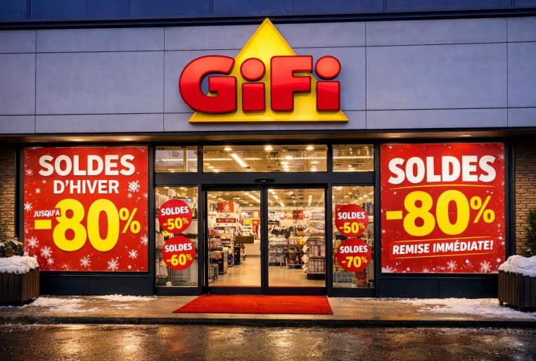 Façade d’un magasin GiFi vue de l’extérieur, avec grandes affiches « Soldes d’hiver jusqu’à -80 % » et mention « remise immédiate ».