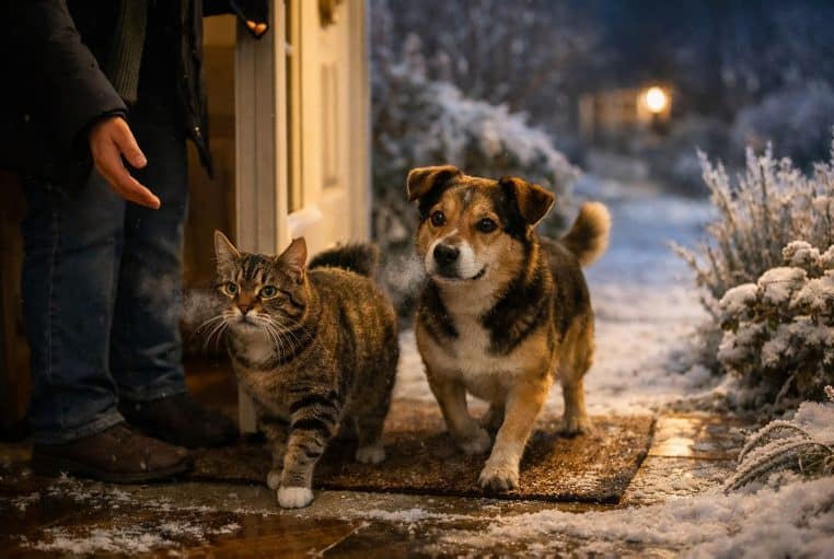 Chien et chat entrant dans une maison éclairée, nuit glaciale avec givre au jardin, plein hiver en France.